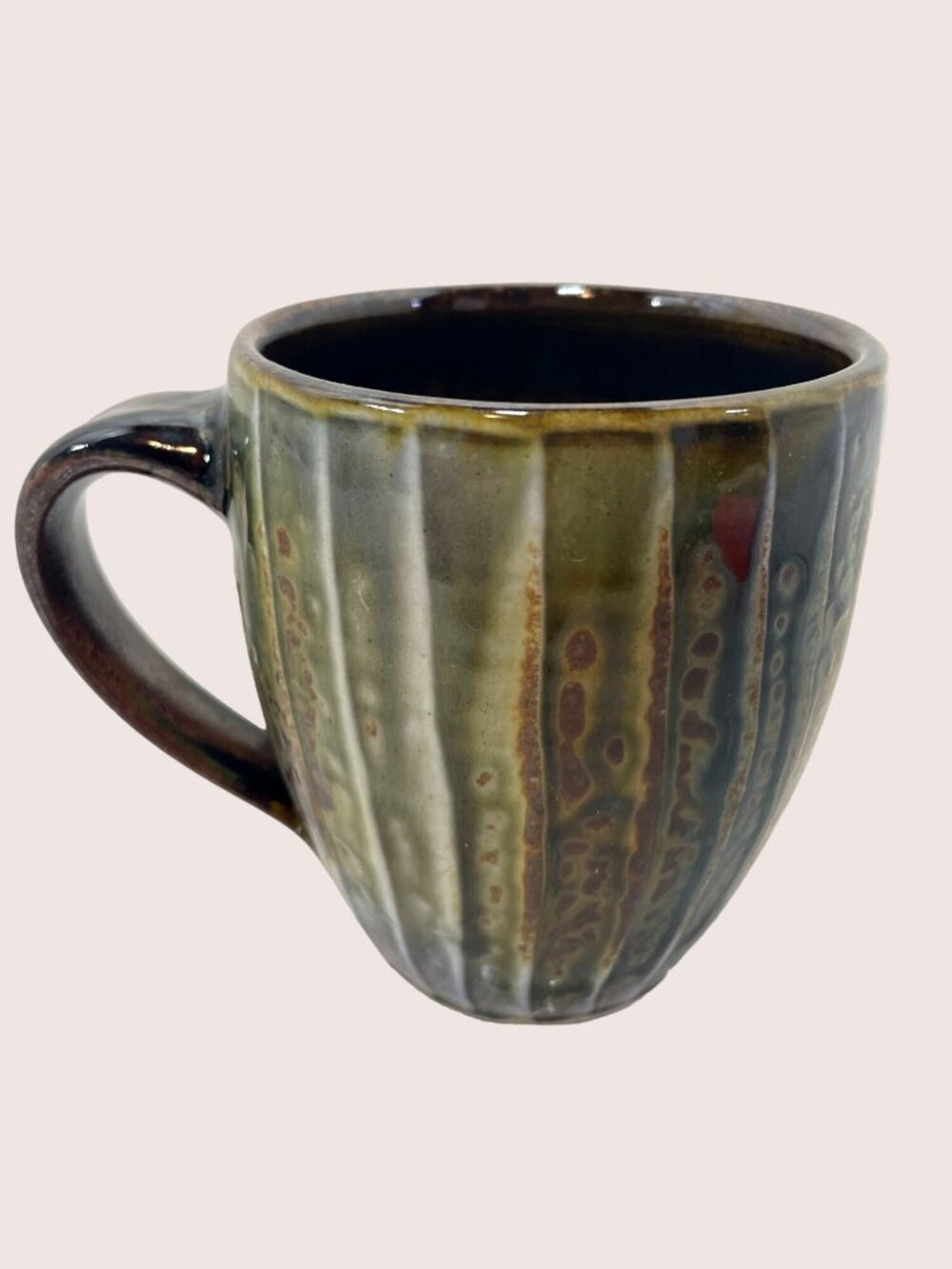 Handmade Ceramic Mug With Earth-Tone Glaze & Ribbed Texture Signed
